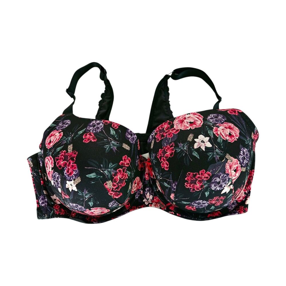 Cacique Boost Balconette Underwire Bra Women’s Size 46DDD Black Red Floral